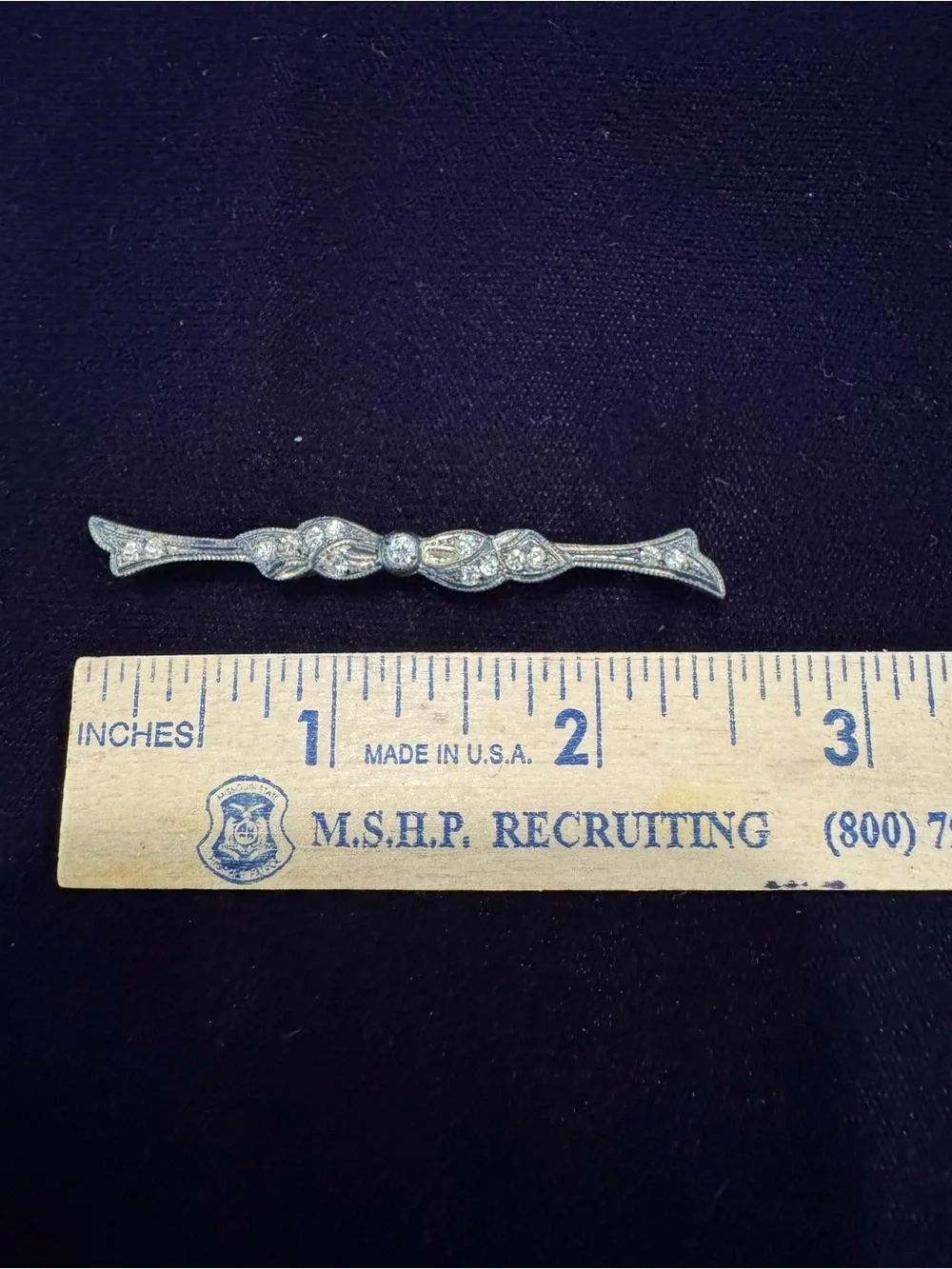 Vintage-Style Silver Bow Bar Pin with Filigree Detailing